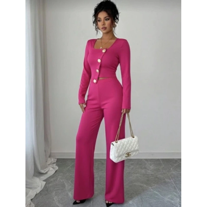 Kadın Uzun Kol Kare Yaka Asimetrik Düğme Detay Bluz Ve Yüksek Bel Pantolon Ikili Takım