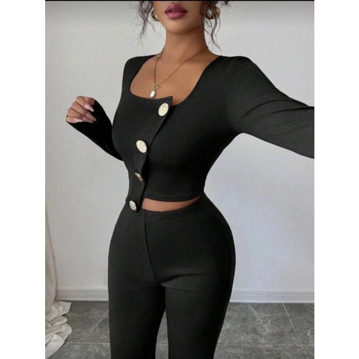 Kadın Uzun Kol Kare Yaka Asimetrik Düğme Detay Bluz Ve Yüksek Bel Pantolon Ikili Takım