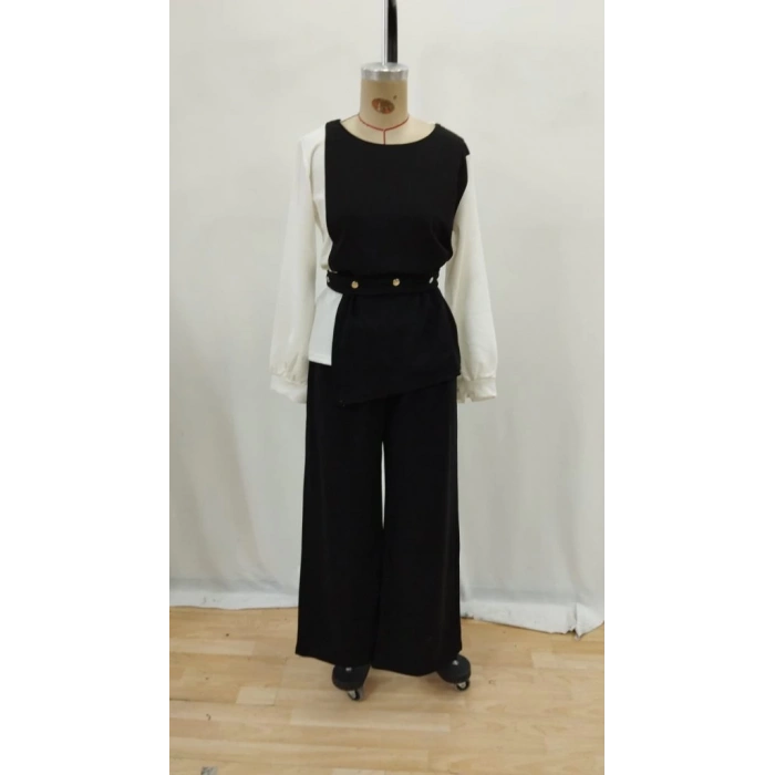 Kadın Uzun Kollu Açık Yakalı çift Renkli Kemerli Ithal Krep Ikili Takım