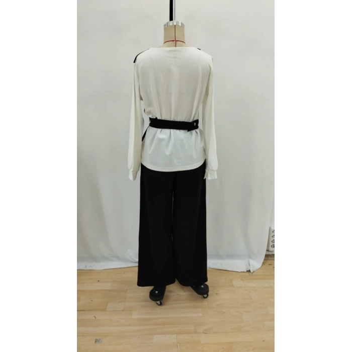 Kadın Uzun Kollu Açık Yakalı çift Renkli Kemerli Ithal Krep Ikili Takım