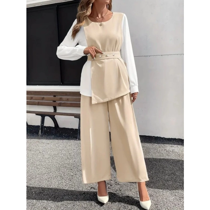 Kadın Uzun Kollu Açık Yakalı çift Renkli Kemerli Ithal Krep Ikili Takım