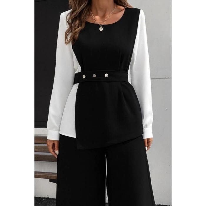 Kadın Uzun Kollu Açık Yakalı çift Renkli Kemerli Ithal Krep Ikili Takım