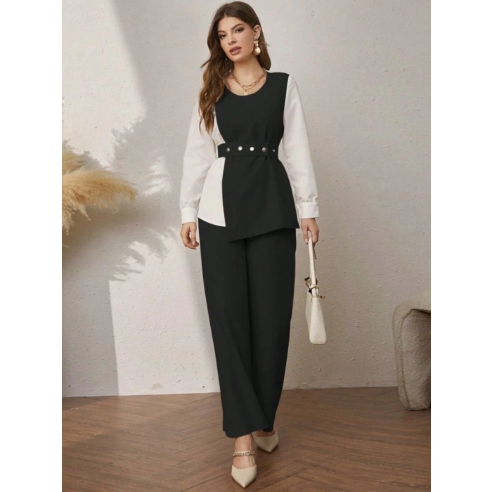 Kadın Uzun Kollu Açık Yakalı çift Renkli Kemerli Ithal Krep Ikili Takım