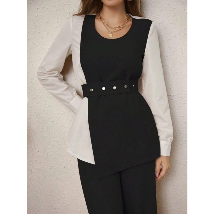 Kadın Uzun Kollu Açık Yakalı çift Renkli Kemerli Ithal Krep Ikili Takım