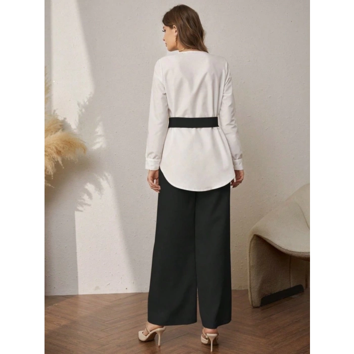 Kadın Uzun Kollu Açık Yakalı çift Renkli Kemerli Ithal Krep Ikili Takım