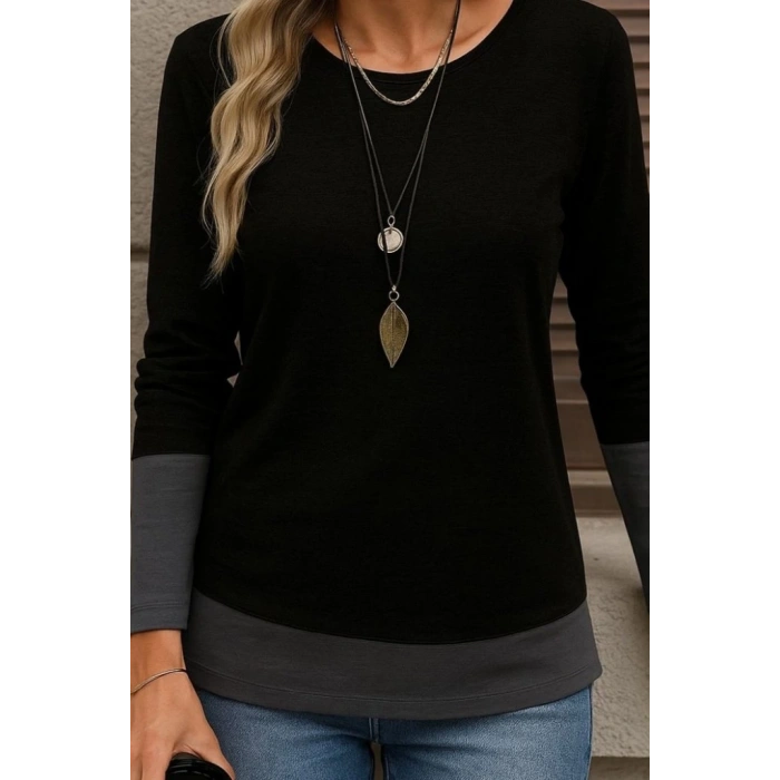 Kadın Uzun Kollu Açık Yuvarlak Yaka Blok Renkli Viskon Bluz