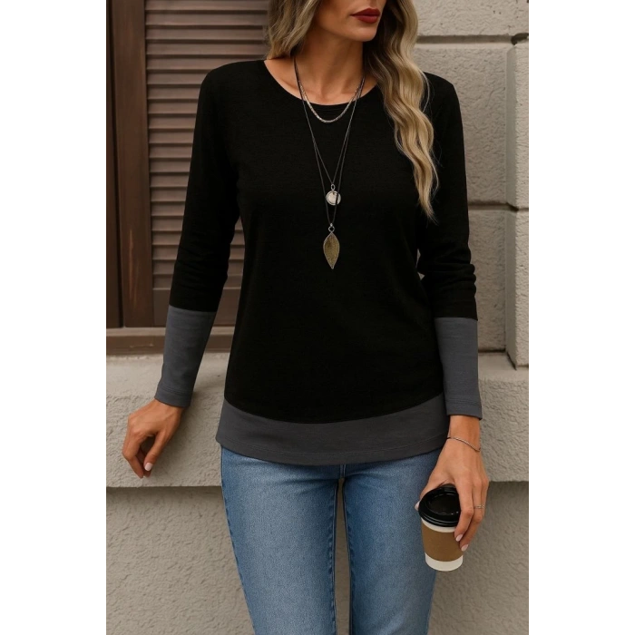 Kadın Uzun Kollu Açık Yuvarlak Yaka Blok Renkli Viskon Bluz