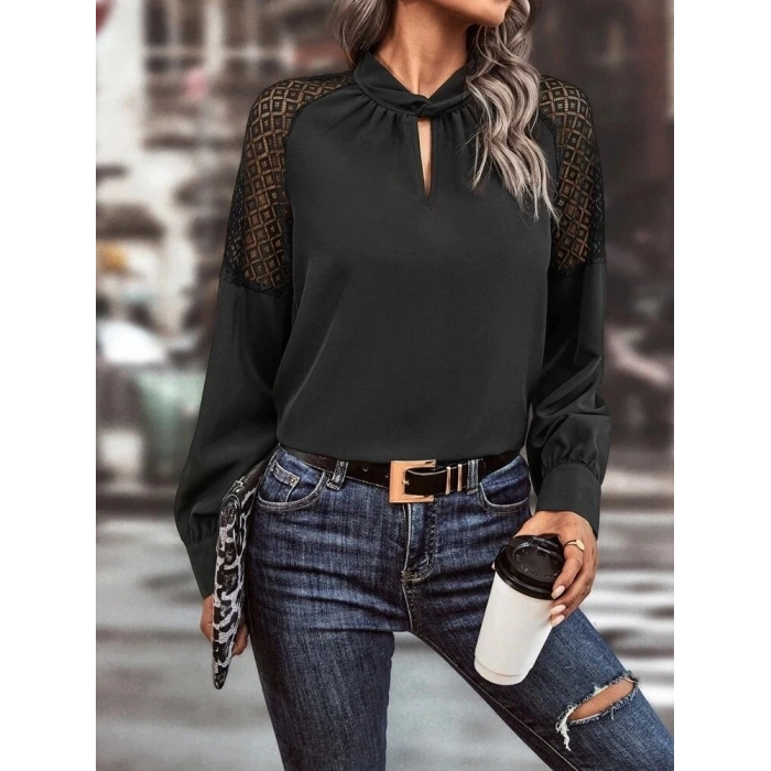 Kadın Uzun Kollu Anahtar Deliği Yaka Reglan Kol Dantel Detaylı Ithal Krep Bluz