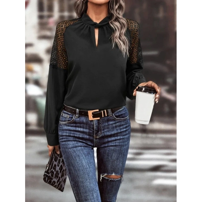 Kadın Uzun Kollu Anahtar Deliği Yaka Reglan Kol Dantel Detaylı Ithal Krep Bluz