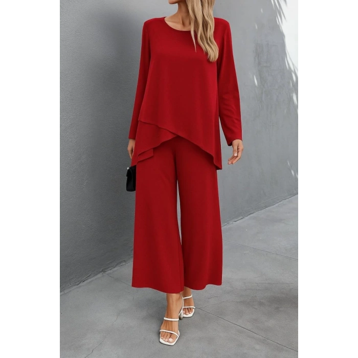 Kadın Uzun Kollu Asimetrik Detaylı Salaş Sandy Bluz Ve Pantolon Ikili Takım