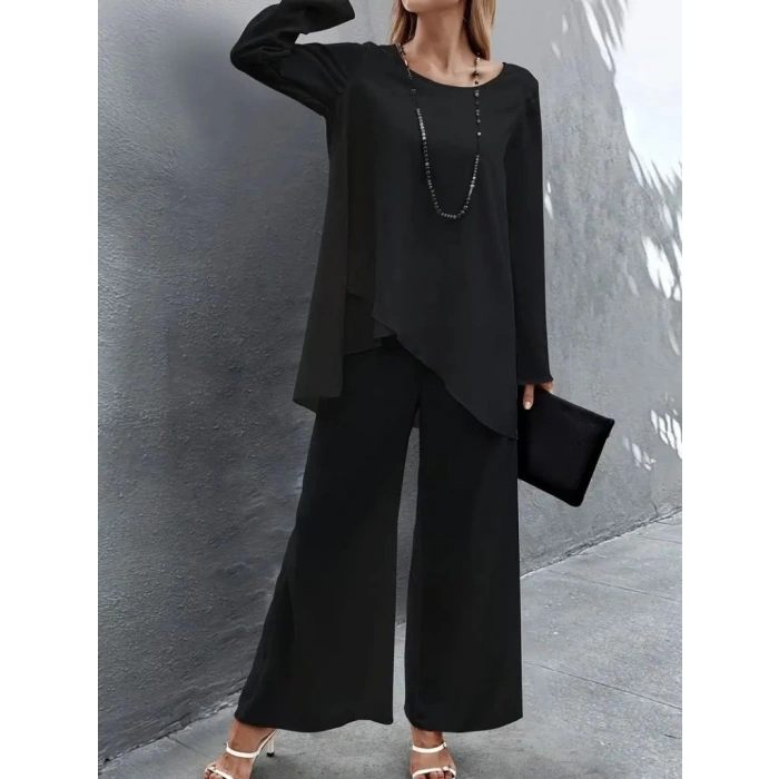 Kadın Uzun Kollu Asimetrik Detaylı Salaş Sandy Bluz Ve Pantolon Ikili Takım
