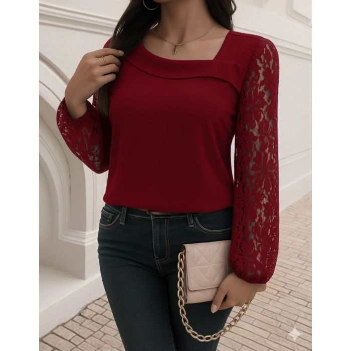 Kadın Uzun Kollu Asimetrik Yakalı Dantelli Ithal Krep Bluz