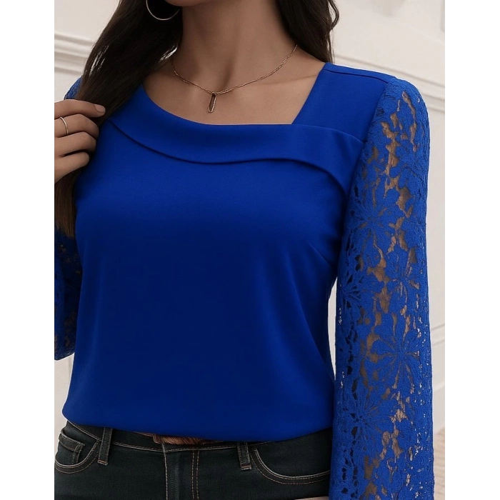 Kadın Uzun Kollu Asimetrik Yakalı Dantelli Ithal Krep Bluz