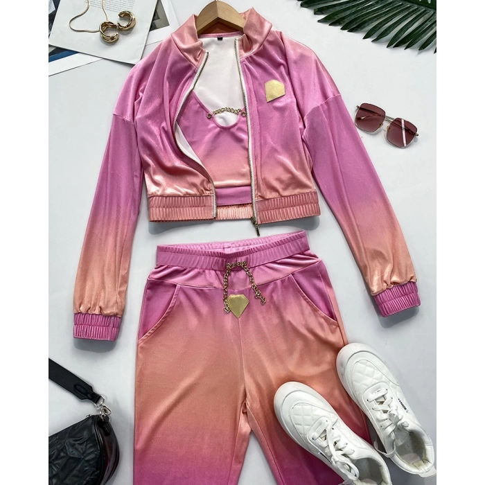 Kadın Uzun Kollu Askılı Yuvarlak Yakalı Krop Bluz, Uzun Kollu önden Fermuarlı Ceket Ve Pantolon Dalgıç üçlü Takım