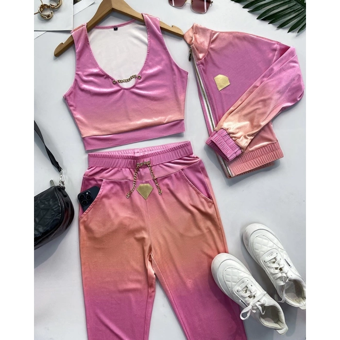 Kadın Uzun Kollu Askılı Yuvarlak Yakalı Krop Bluz, Uzun Kollu önden Fermuarlı Ceket Ve Pantolon Dalgıç üçlü Takım