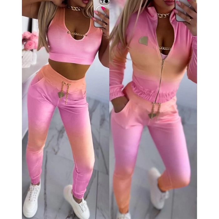 Kadın Uzun Kollu Askılı Yuvarlak Yakalı Krop Bluz, Uzun Kollu önden Fermuarlı Ceket Ve Pantolon Dalgıç üçlü Takım