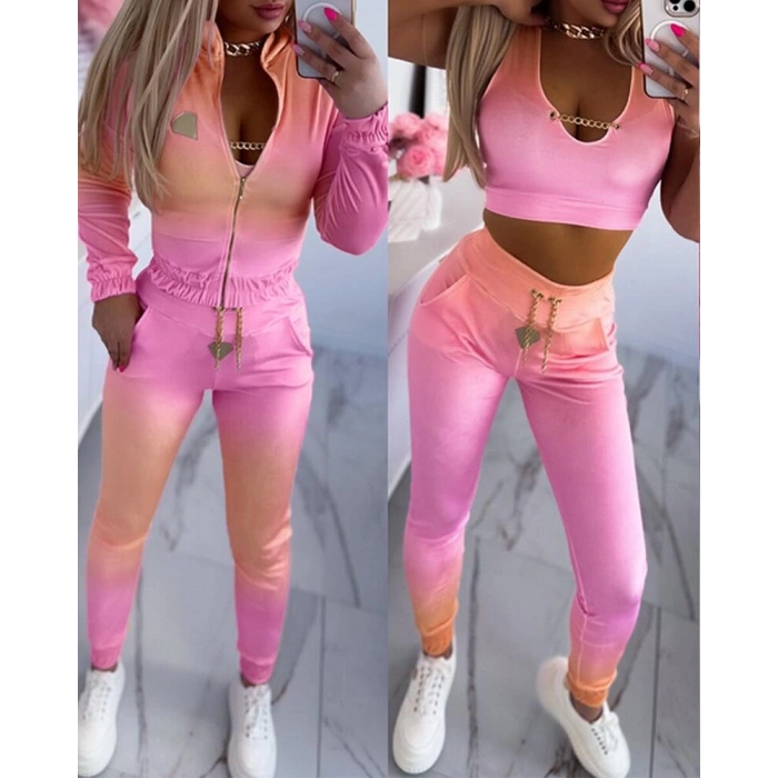 Kadın Uzun Kollu Askılı Yuvarlak Yakalı Krop Bluz, Uzun Kollu önden Fermuarlı Ceket Ve Pantolon Dalgıç üçlü Takım