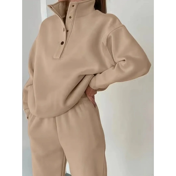 Kadın Uzun Kollu Balıkçı Dik Yakalı Düğmeli üç Iplik Bluz Ve Pantolon Ikili Takım