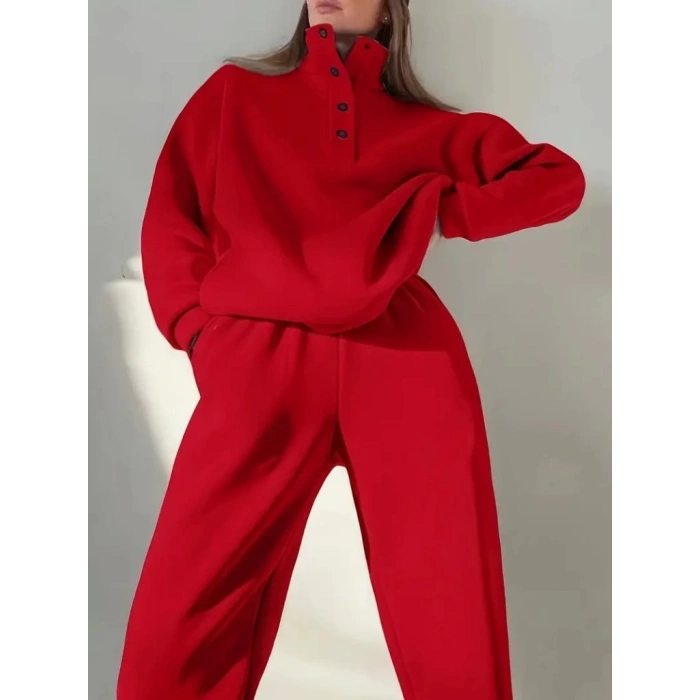 Kadın Uzun Kollu Balıkçı Dik Yakalı Düğmeli üç Iplik Bluz Ve Pantolon Ikili Takım