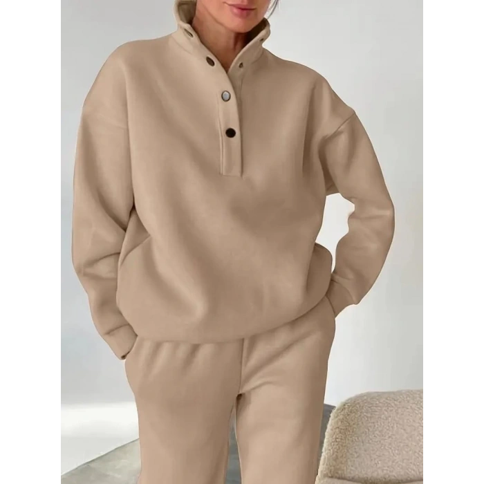 Kadın Uzun Kollu Balıkçı Dik Yakalı Düğmeli üç Iplik Bluz Ve Pantolon Ikili Takım