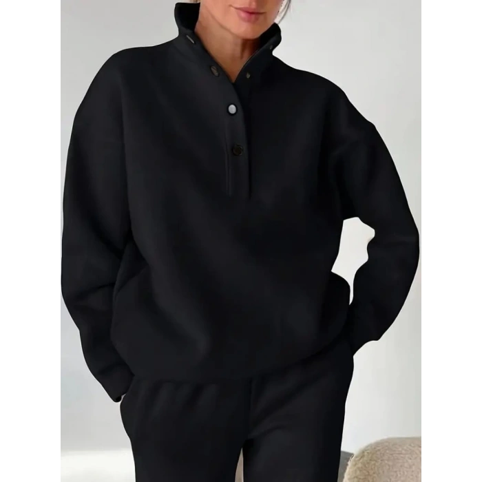 Kadın Uzun Kollu Balıkçı Dik Yakalı Düğmeli üç Iplik Bluz Ve Pantolon Ikili Takım