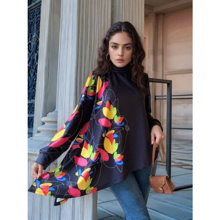 Kadın Uzun Kollu Balıkçı Yaka Asimetrik Kesim Dalgıç Kumaş Bluz