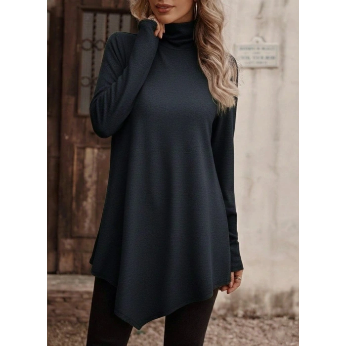Kadın Uzun Kollu Balıkçı Yaka Asimetrik Kesim Detaylı Antrasit Yün Viskon Bluz