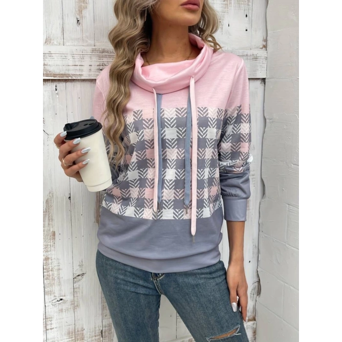 Kadın Uzun Kollu Balıkçı Yaka Bağcıklı Desenli şardonlu Dalgıç Bluz