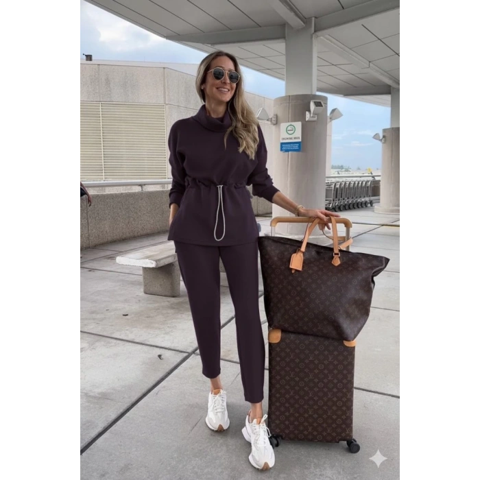 Kadın Uzun Kollu Balıkçı Yaka Belden Lastikli Modal Bluz Ve Pantolon Ikili Takım