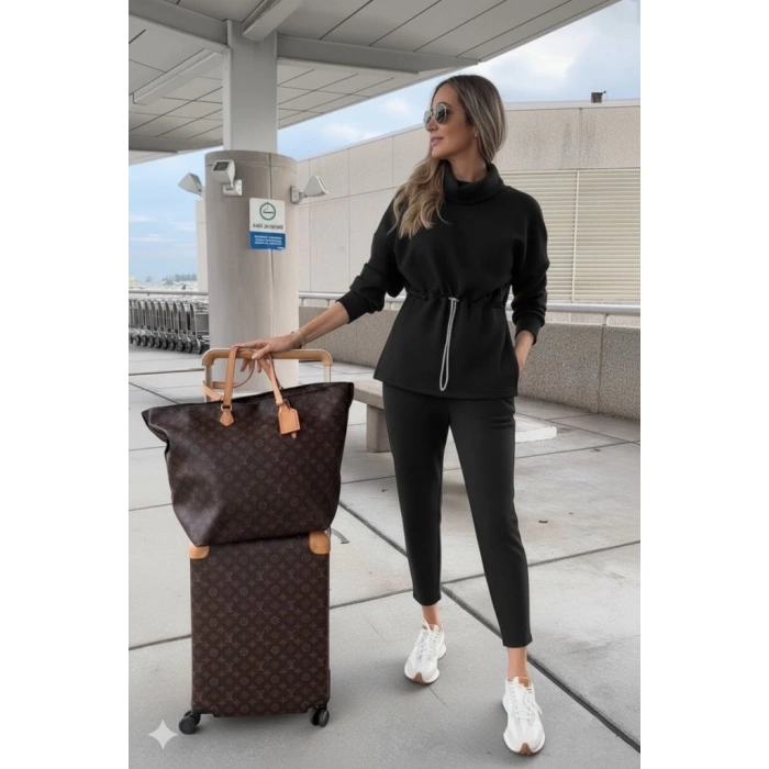 Kadın Uzun Kollu Balıkçı Yaka Belden Lastikli Modal Bluz Ve Pantolon Ikili Takım