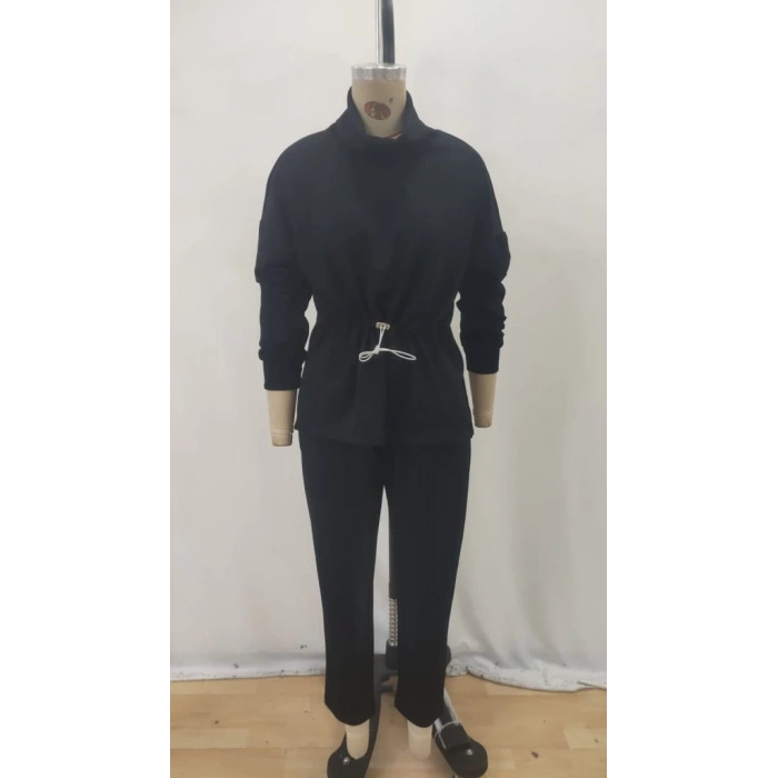 Kadın Uzun Kollu Balıkçı Yaka Belden Lastikli Modal Bluz Ve Pantolon Ikili Takım