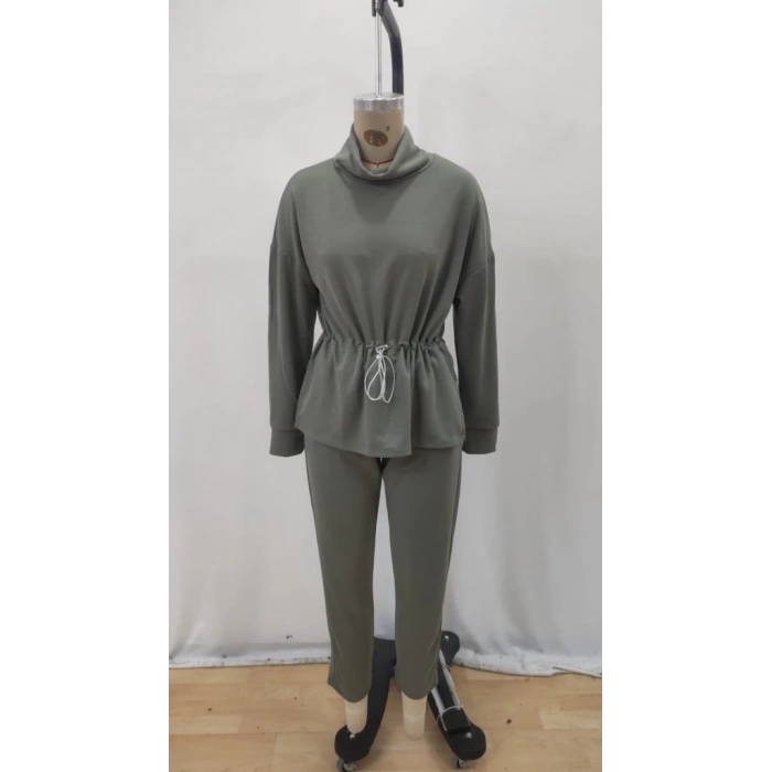 Kadın Uzun Kollu Balıkçı Yaka Belden Lastikli Modal Bluz Ve Pantolon Ikili Takım