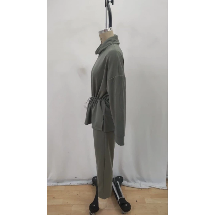 Kadın Uzun Kollu Balıkçı Yaka Belden Lastikli Modal Bluz Ve Pantolon Ikili Takım