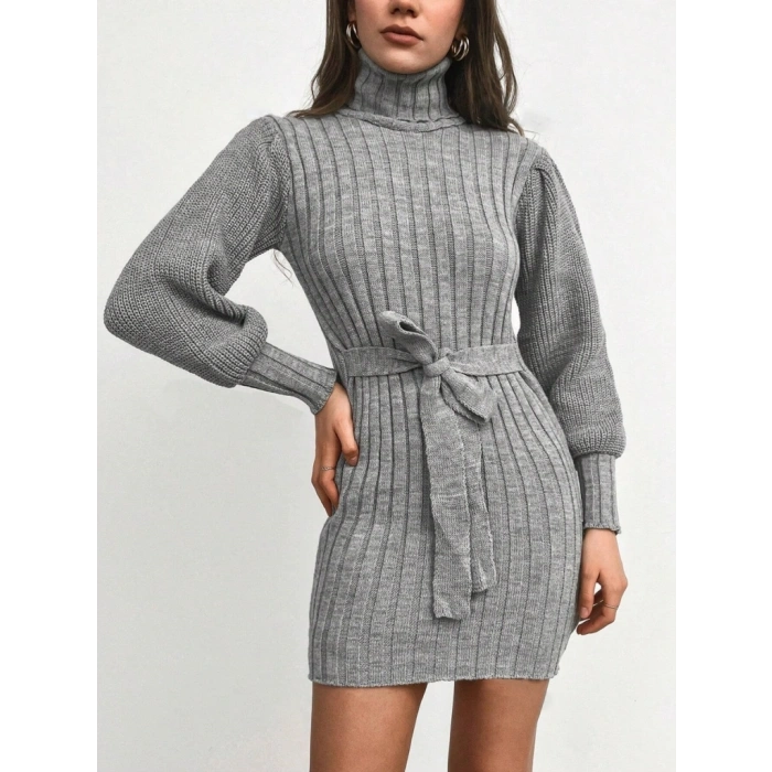 Kadın Uzun Kollu Balıkçı Yaka Beli Kuşaklı Mini Triko Elbise