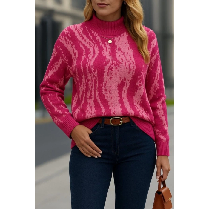 Kadın Uzun Kollu Balıkçı Yaka çok Renkli Triko Bluz