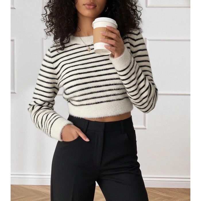 Kadın Uzun Kollu Balıkçı Yaka Crop Triko Bluz