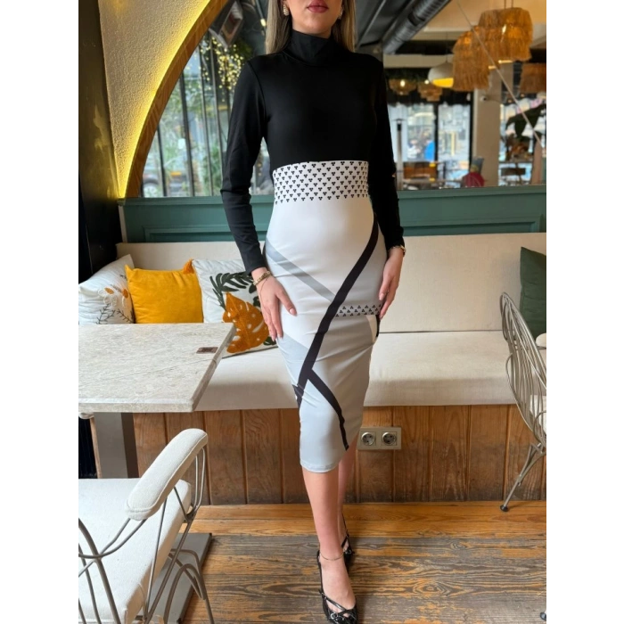 Kadın Uzun Kollu Balıkçı Yaka Dalgıç Midi Boy Elbise