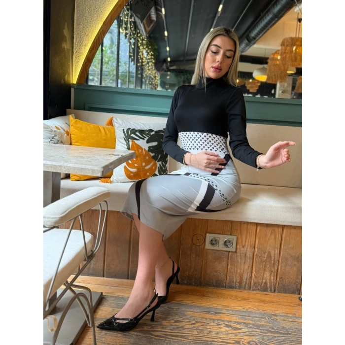 Kadın Uzun Kollu Balıkçı Yaka Dalgıç Midi Boy Elbise