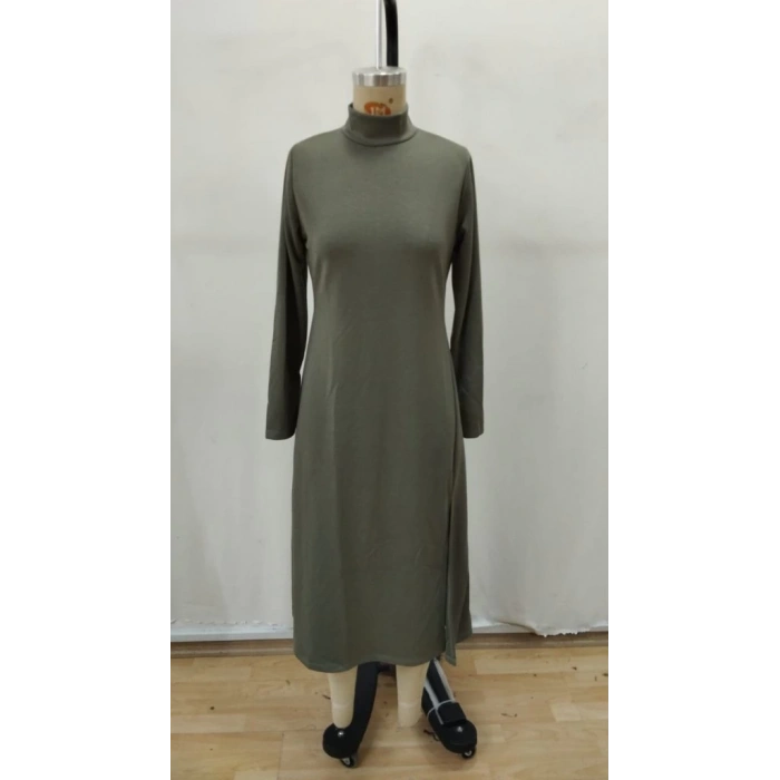 Kadın Uzun Kollu Balıkçı Yaka Derin Yırtmaç Detay Krep Elbise