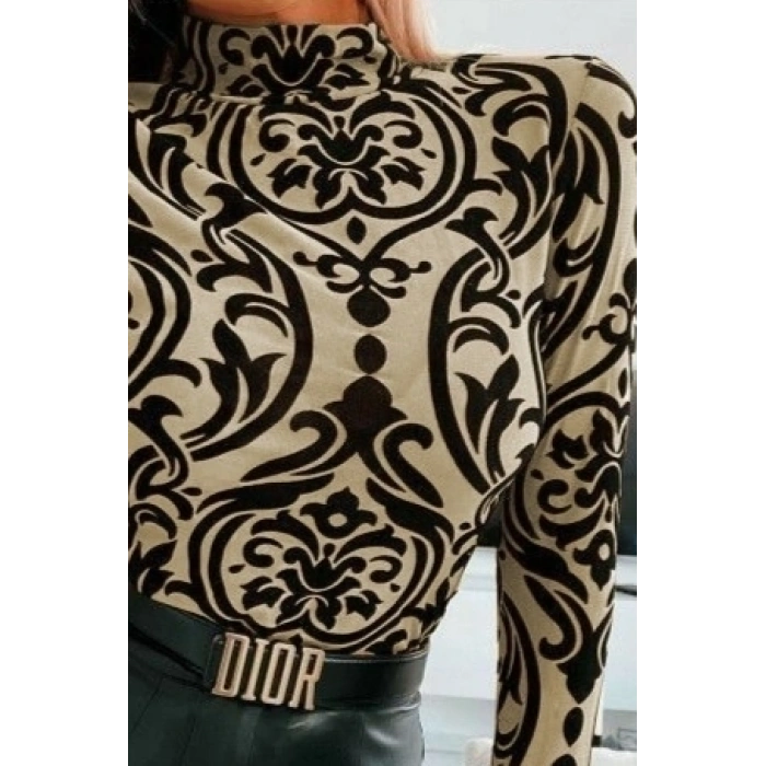 Kadın Uzun Kollu Balıkçı Yaka Desenli Sandy Bluz