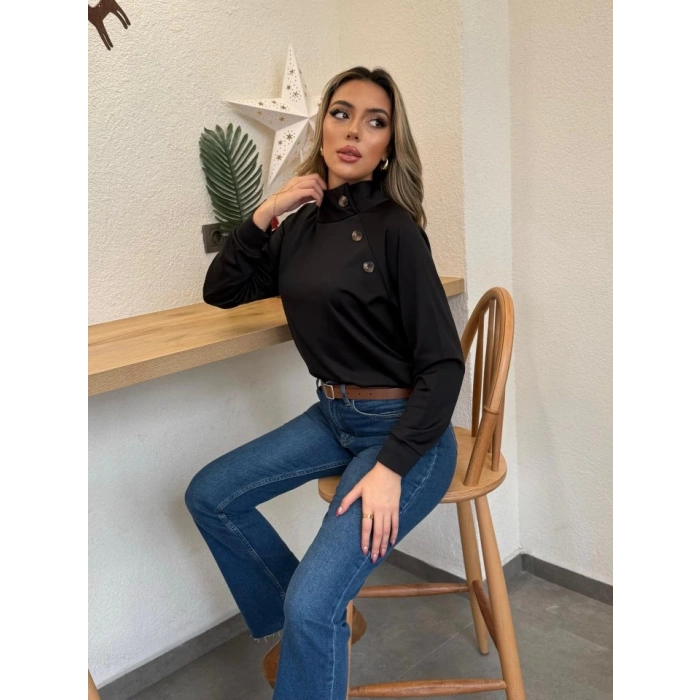 Kadın Uzun Kollu Balıkçı Yaka Düğme Detay şardonlu Dalgıç Bluz