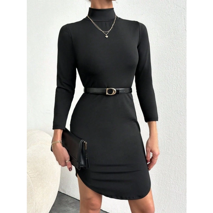 Kadın Uzun Kollu Balıkcı Yaka Elbise(kemersiz)