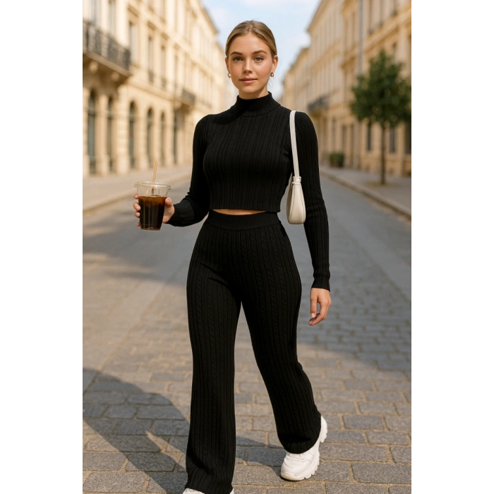 Kadın Uzun Kollu Balıkçı Yaka Krop Ve Pantolon şardonlu Kaşkorse Ikili Takım