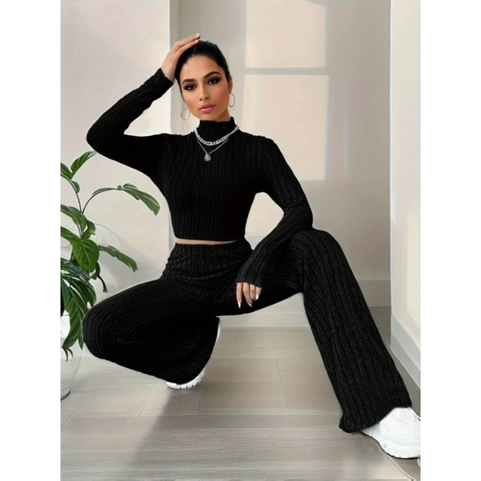 Kadın Uzun Kollu Balıkçı Yaka Krop Ve Pantolon şardonlu Kaşkorse Ikili Takım