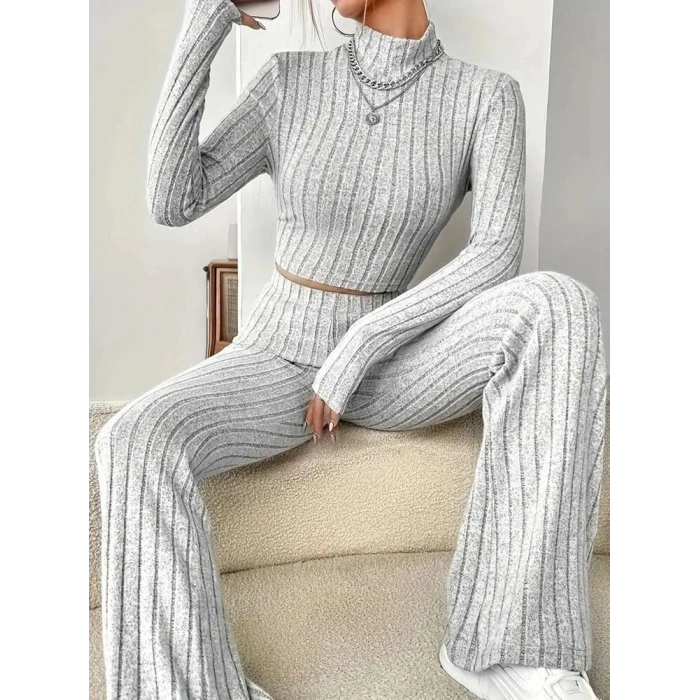 Kadın Uzun Kollu Balıkçı Yaka Krop Ve Pantolon şardonlu Kaşkorse Ikili Takım