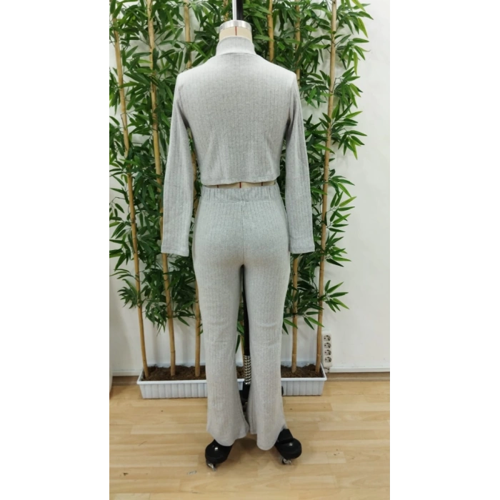 Kadın Uzun Kollu Balıkçı Yaka Krop Ve Pantolon şardonlu Kaşkorse Ikili Takım