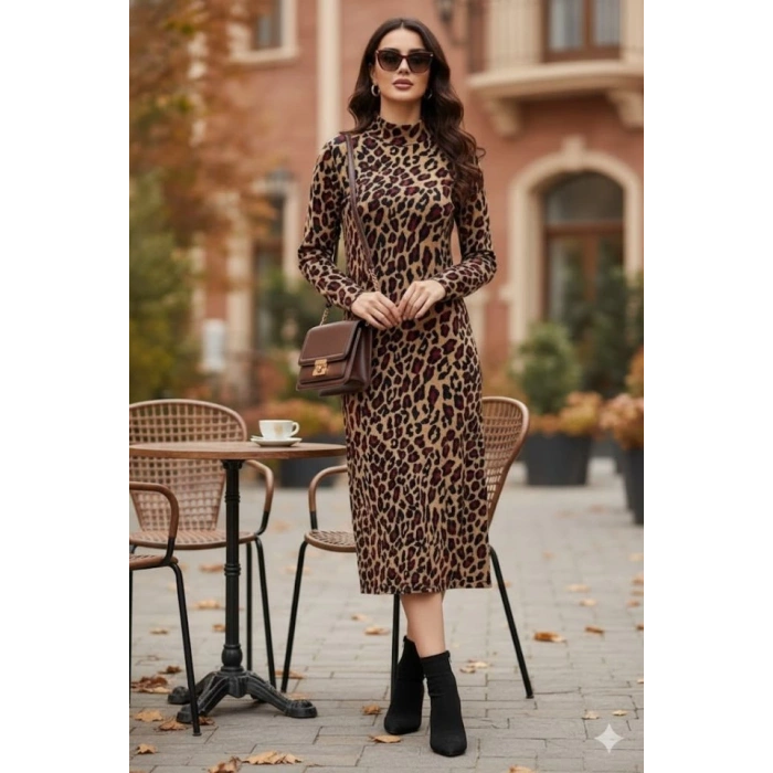 Kadın Uzun Kollu Balıkçı Yaka Leopar Desenli Midi Boy Elbise