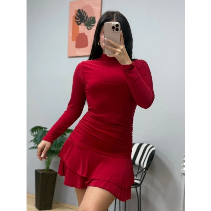 Kadın Uzun Kollu Balıkçı Yaka Mini Fırfırlı Sandy Elbise