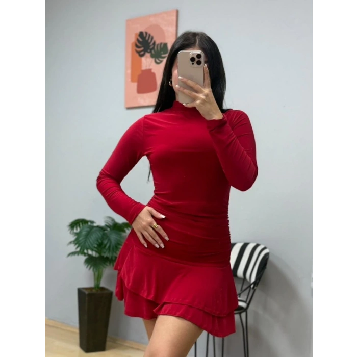 Kadın Uzun Kollu Balıkçı Yaka Mini Fırfırlı Sandy Elbise