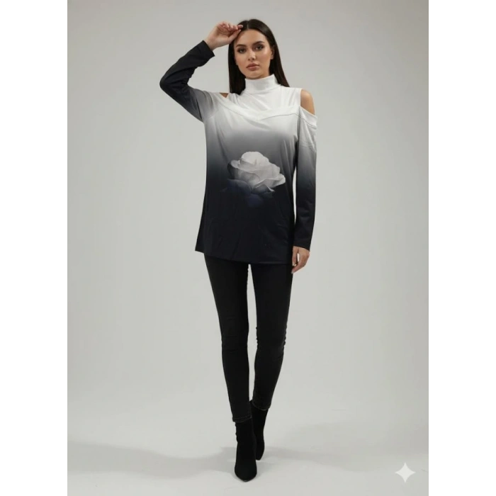 Kadın Uzun Kollu Balıkçı Yaka Omuz Dekoltesi Detaylı Bluz